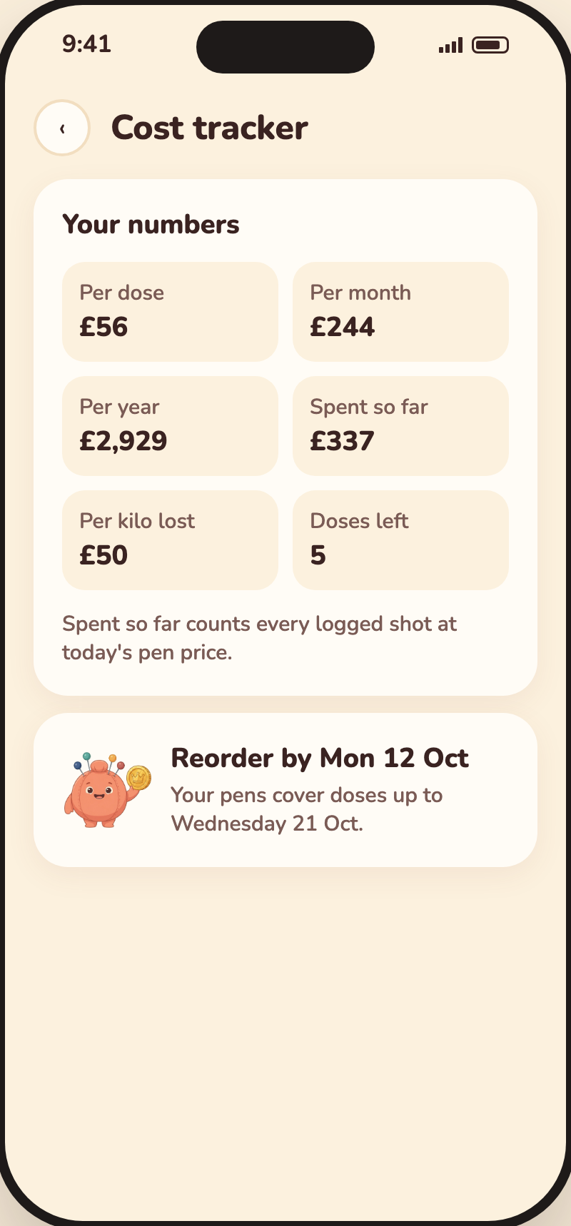 Cost tracker tiles and a reorder reminder