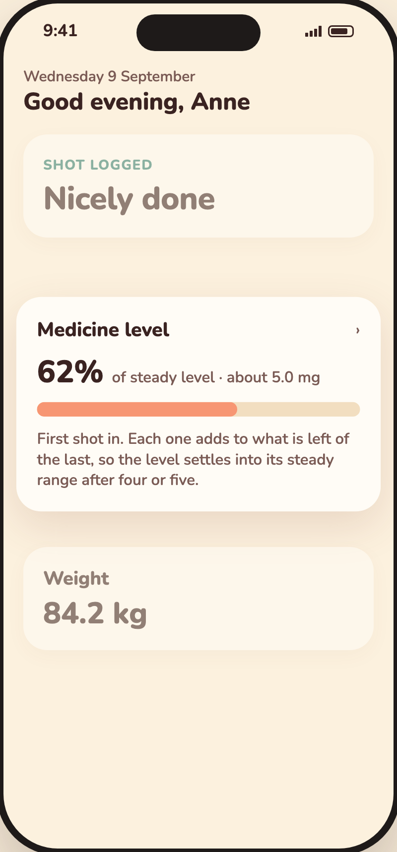 Home screen with the medicine level meter