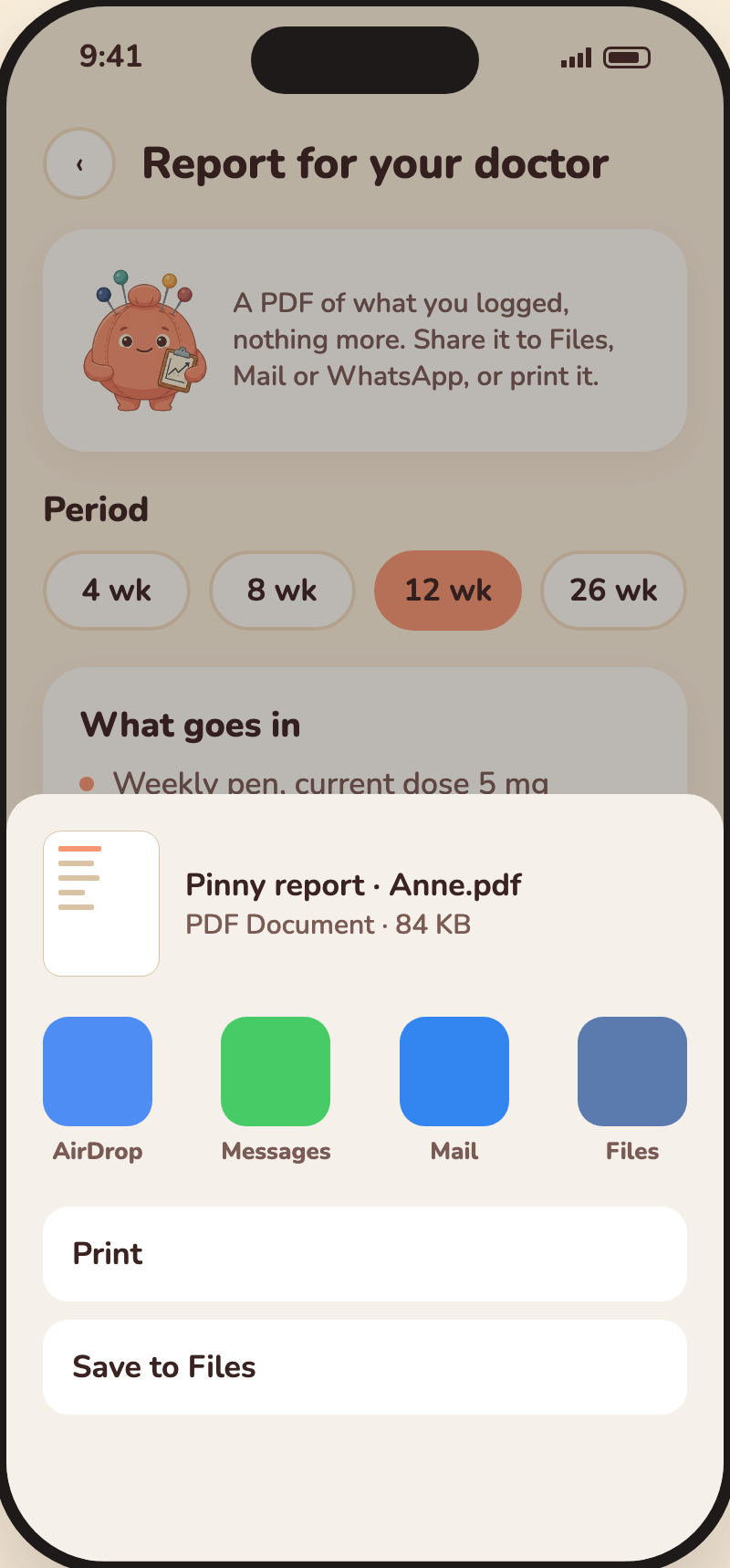 Report screen with the iOS share sheet open